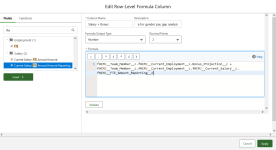 Screenshot showing edit row-level formula column dialog, part completed with FTE annual amount reporting field inserted